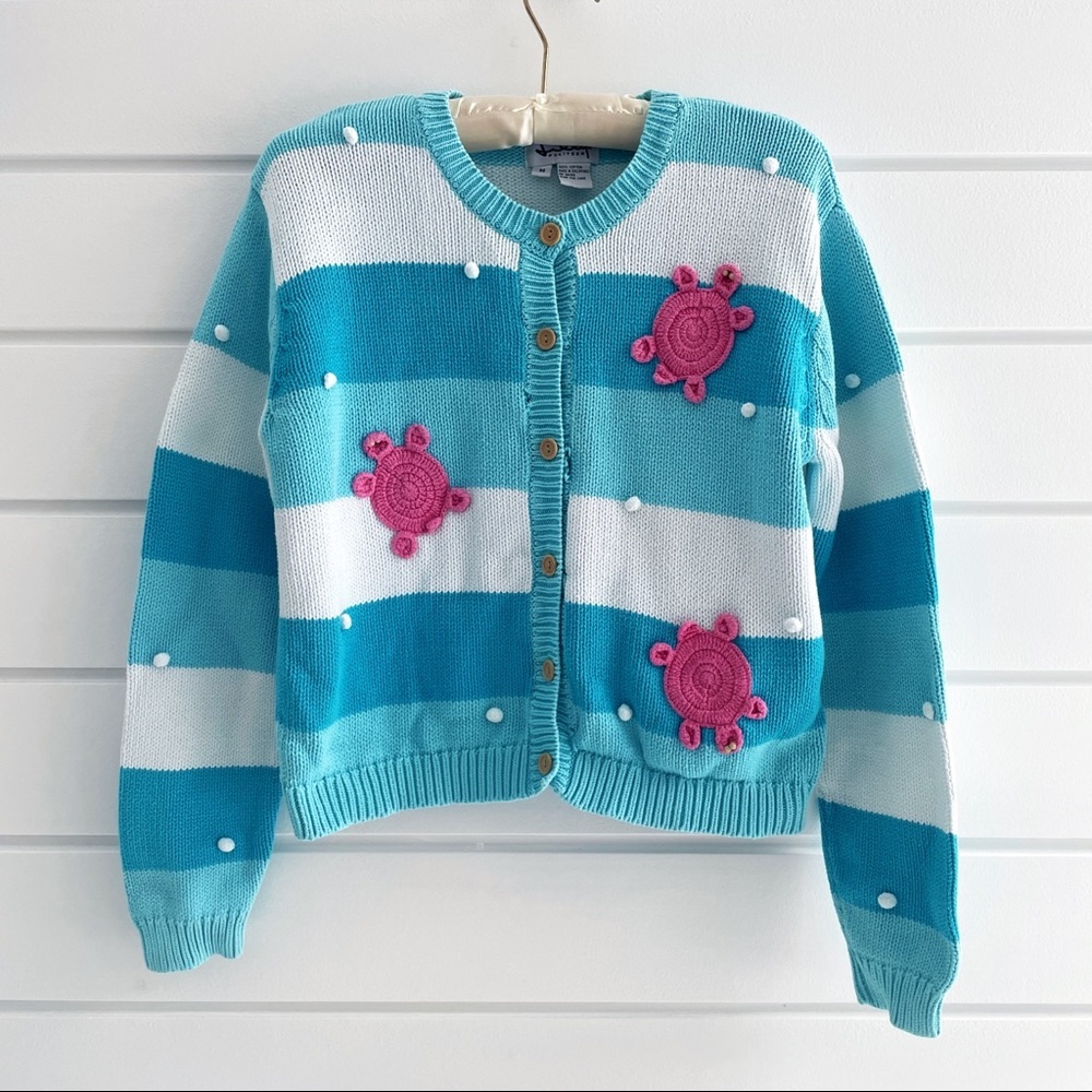 Vintage Lilly Pulitzer Girl’s Knit Turtle Embroidered Button Up Sweater Size M